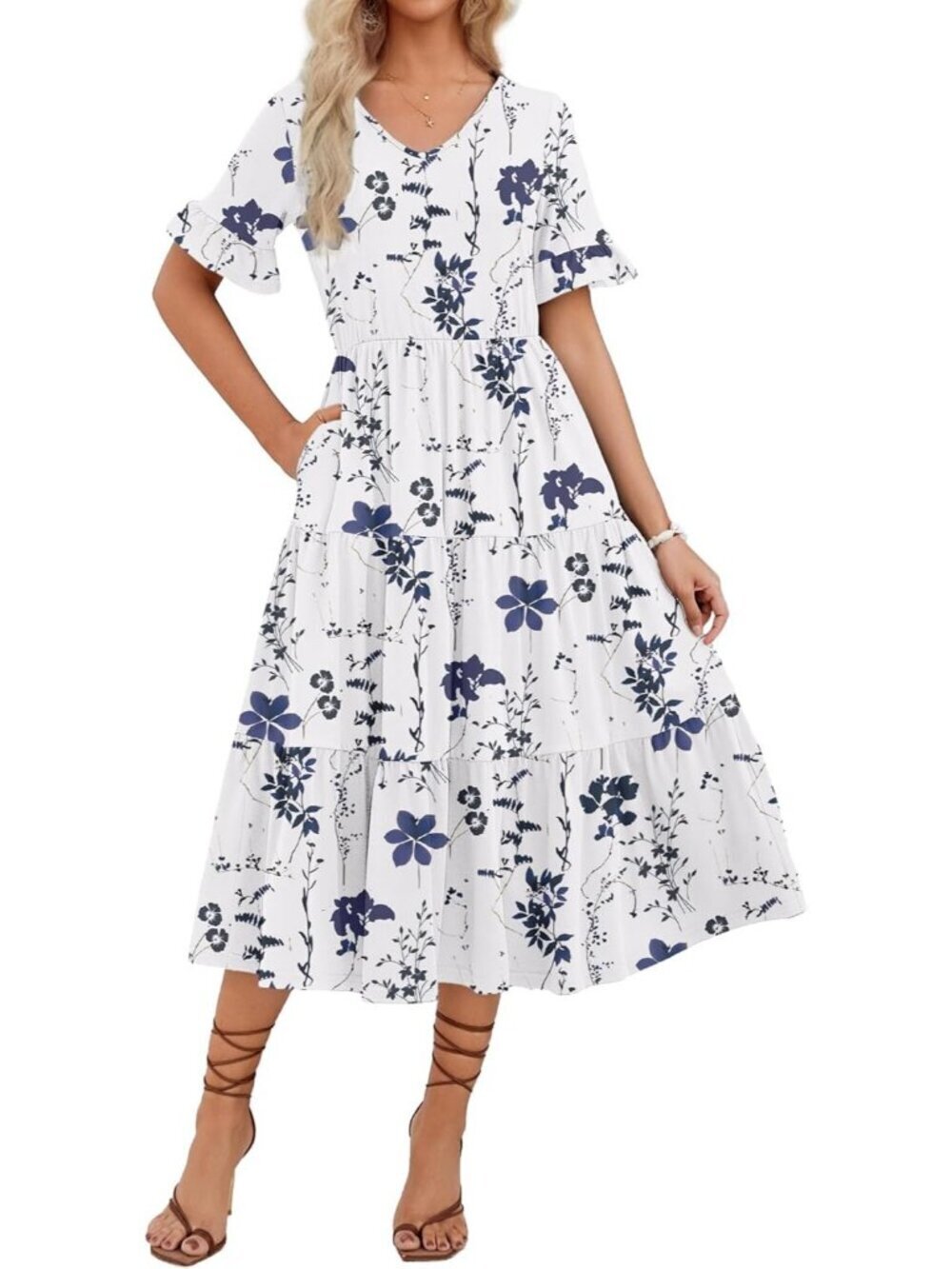 Zeagoo Women's Blue Floral White Tiered Casual Neck Ruffle Short Midi Maxi Dress